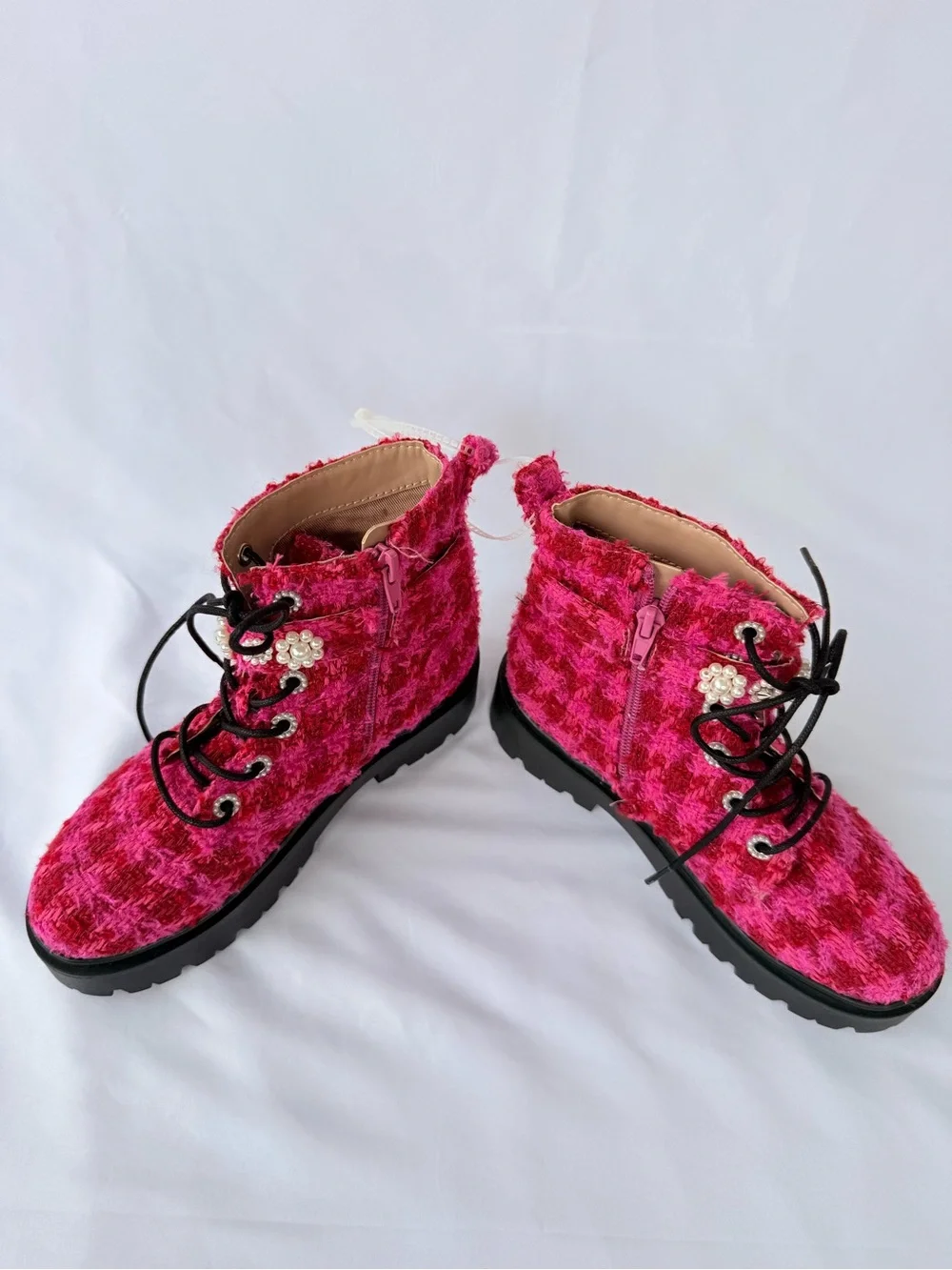 Betsey Johnson Pink Tweed Combat Boots Pearl Rhinestone Lug Sole
